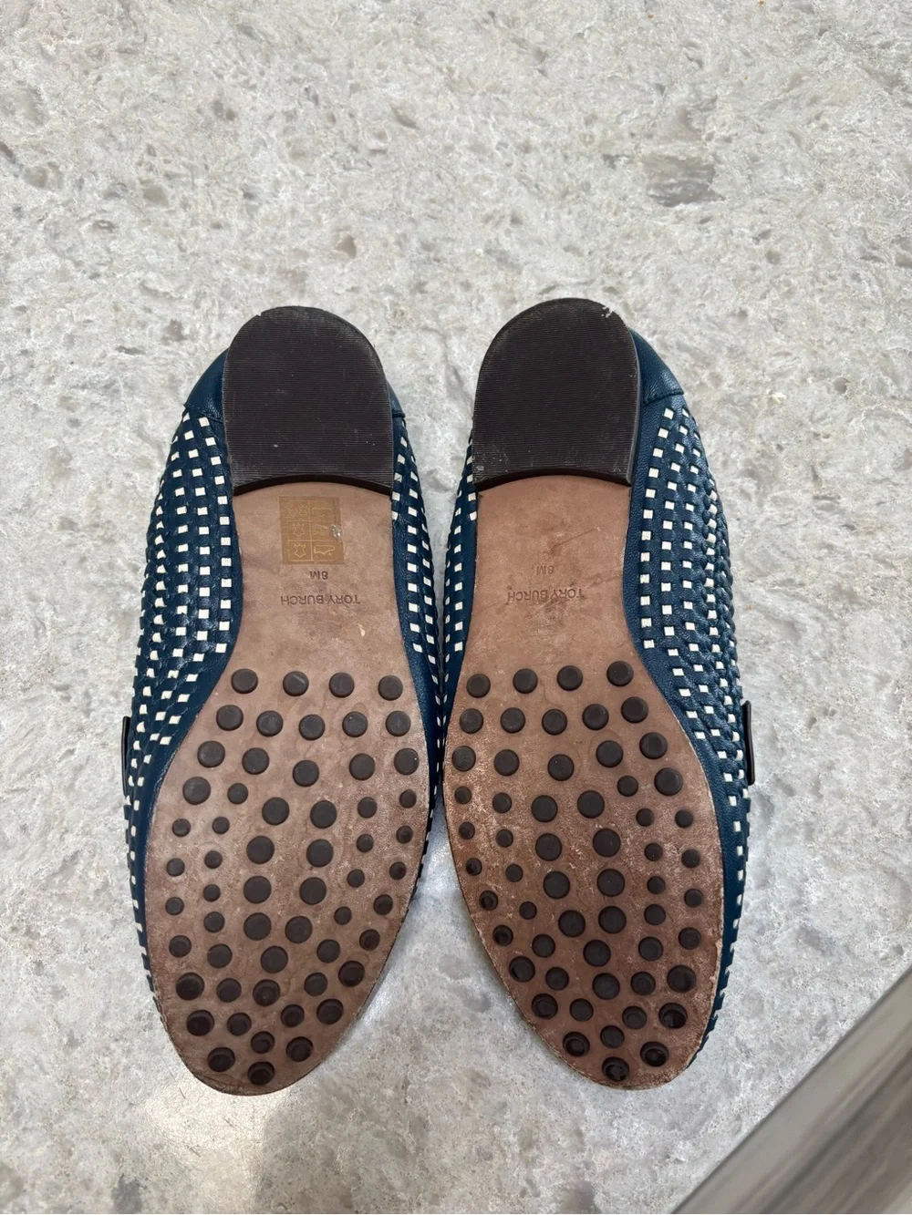 Tory Burch Navy Blue and Cream Woven Leather Loafers with Brown Strap